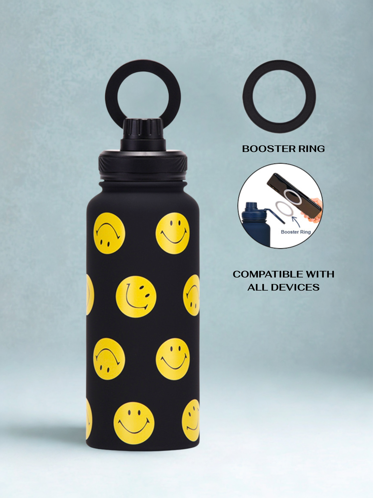 Magnetic Safe Water Bottle 1L Graphic Print - BLACK SMILES