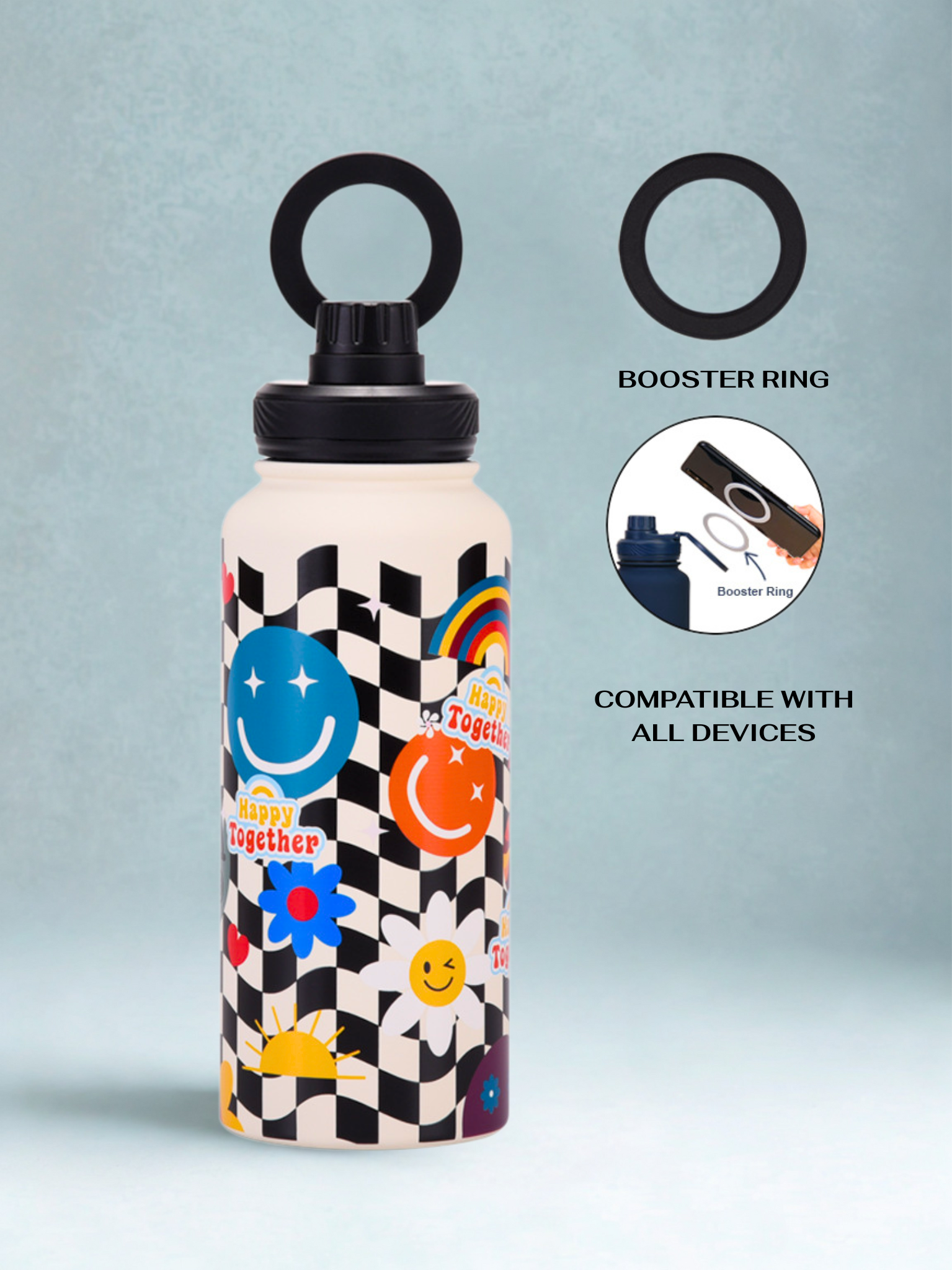 Magnetic Safe Water Bottle 1L Graphic Print - CHECKERED SMILE