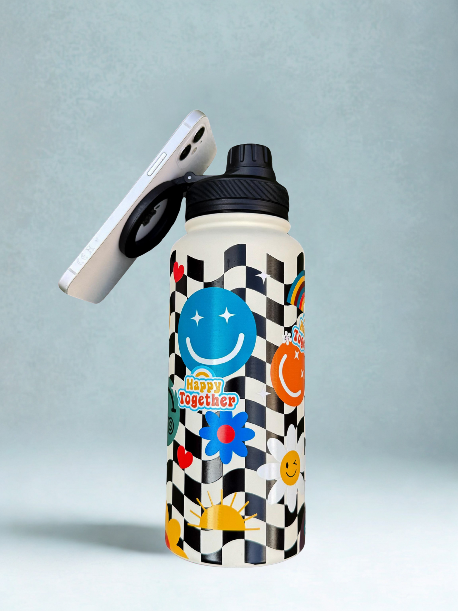 Magnetic Safe Water Bottle 1L Graphic Print - CHECKERED SMILE