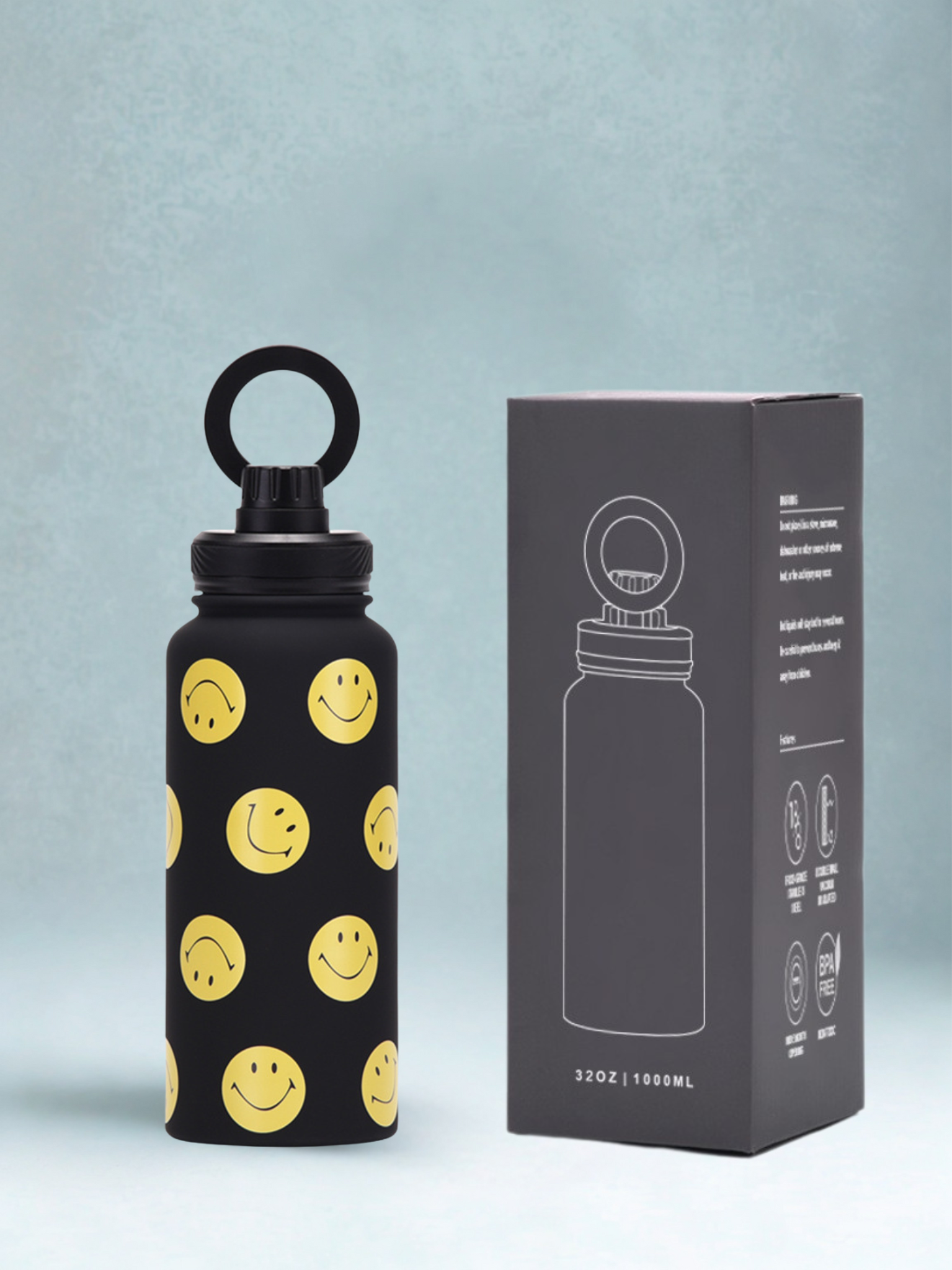 Magnetic Safe Water Bottle 1L Graphic Print - BLACK SMILES