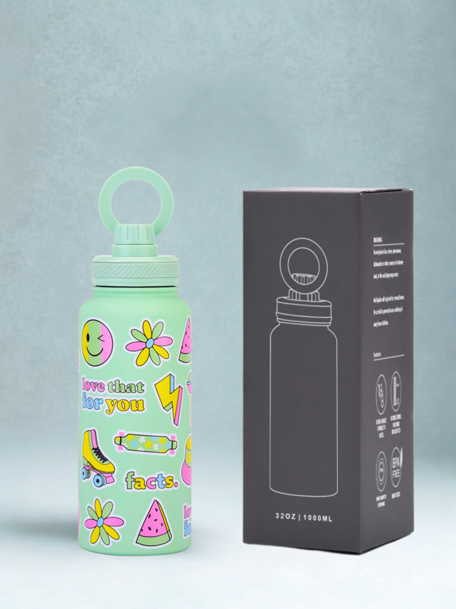 Magnetic Safe Water Bottle 1L Graphic Print - GREEN