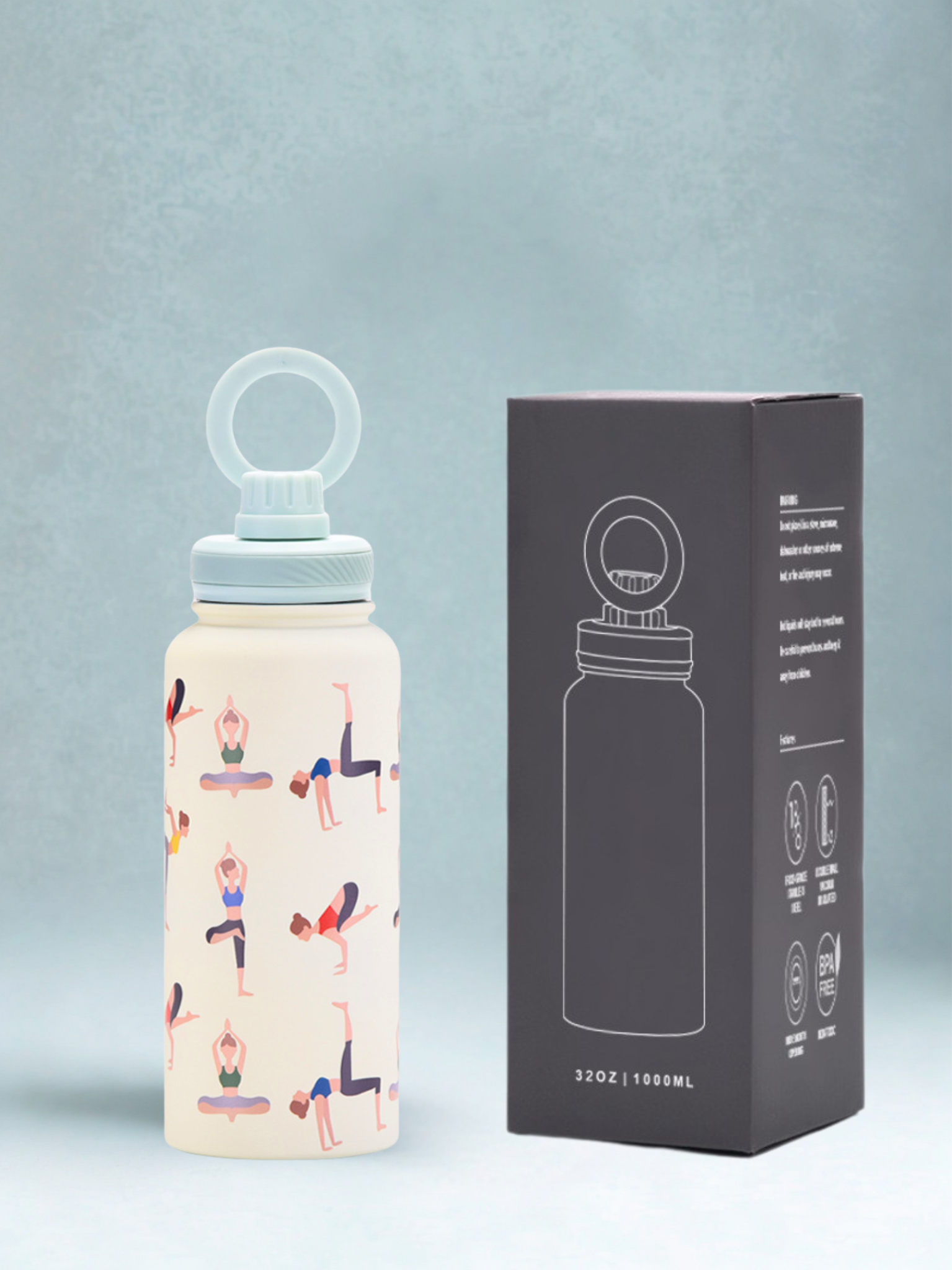 Magnetic Safe Water Bottle 1L Graphic Print - LIGHT BLUE