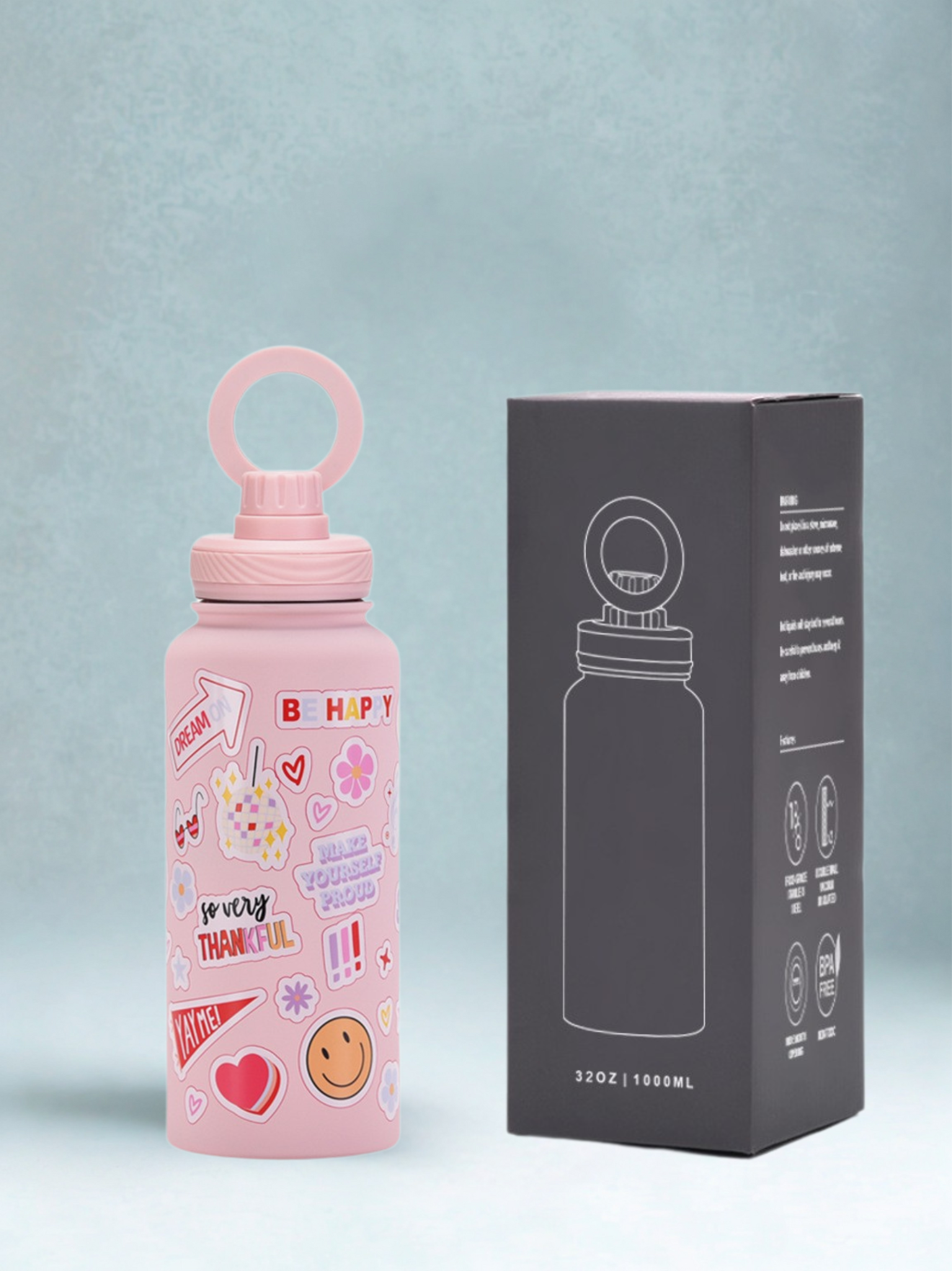 Magnetic Safe Water Bottle 1L Graphic Print - PINK