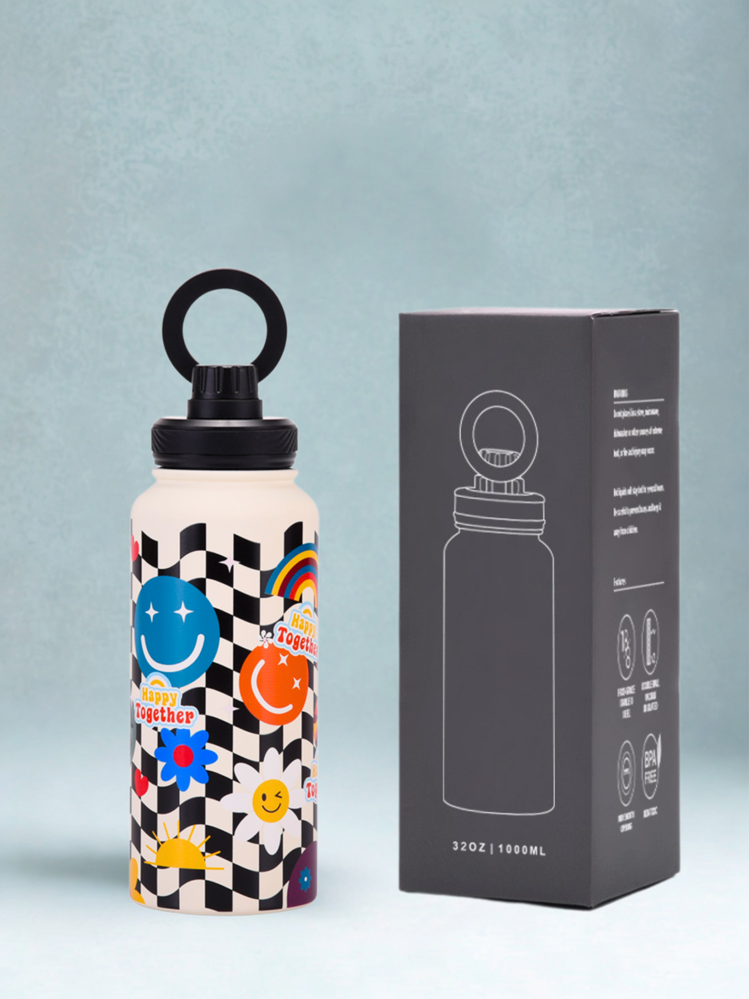 Magnetic Safe Water Bottle 1L Graphic Print - CHECKERED SMILE