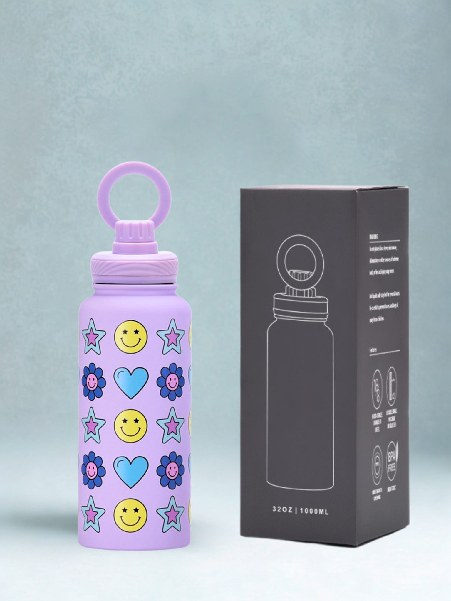Magnetic Safe Water Bottle 1L Graphic Print - PURPLE