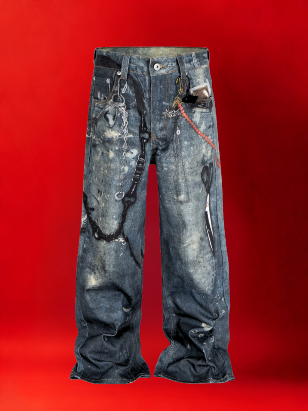 Wide Leg 3D Scissors Print Denim