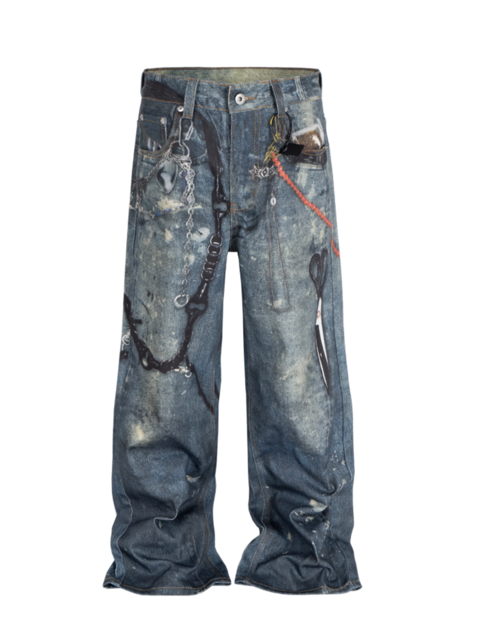 Wide Leg 3D Scissors Print Denim