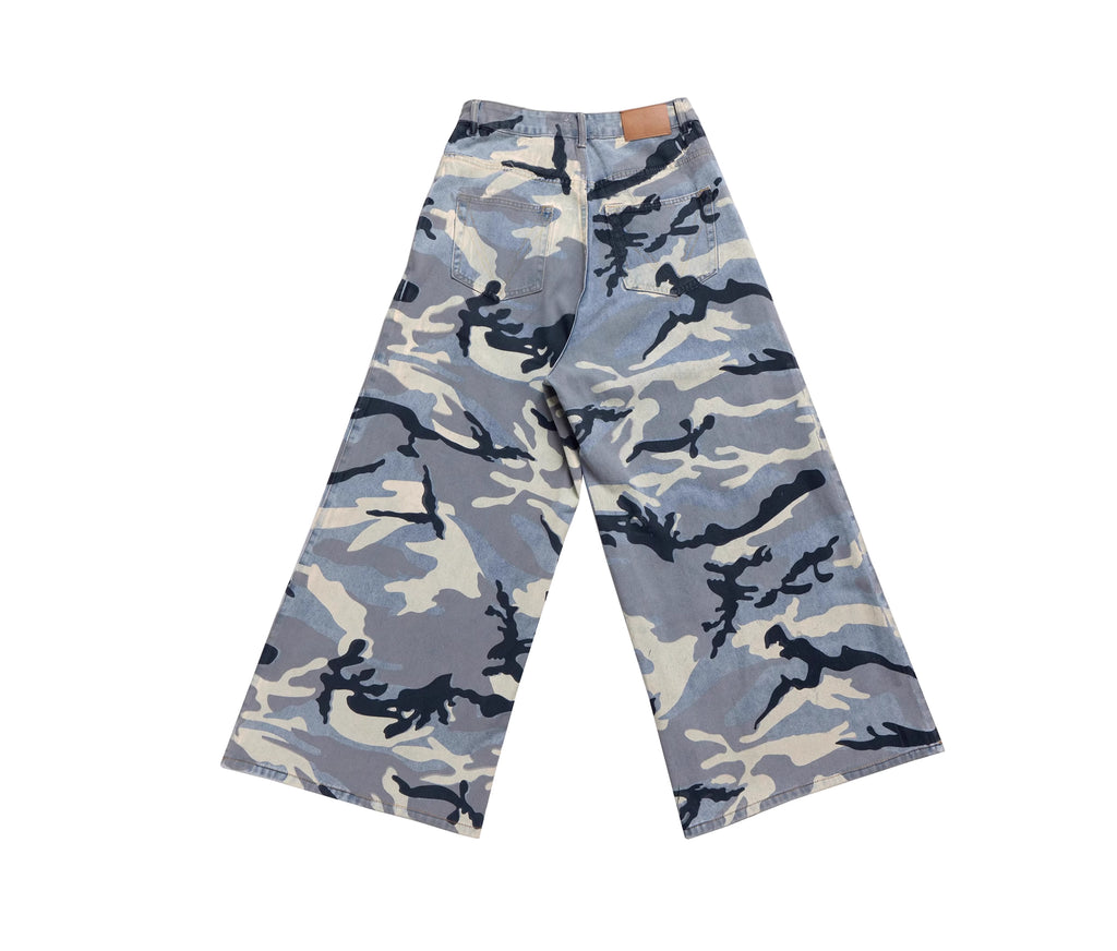 Wide Leg Distressed  Camo Denim