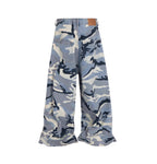 Wide Leg Distressed  Camo Denim