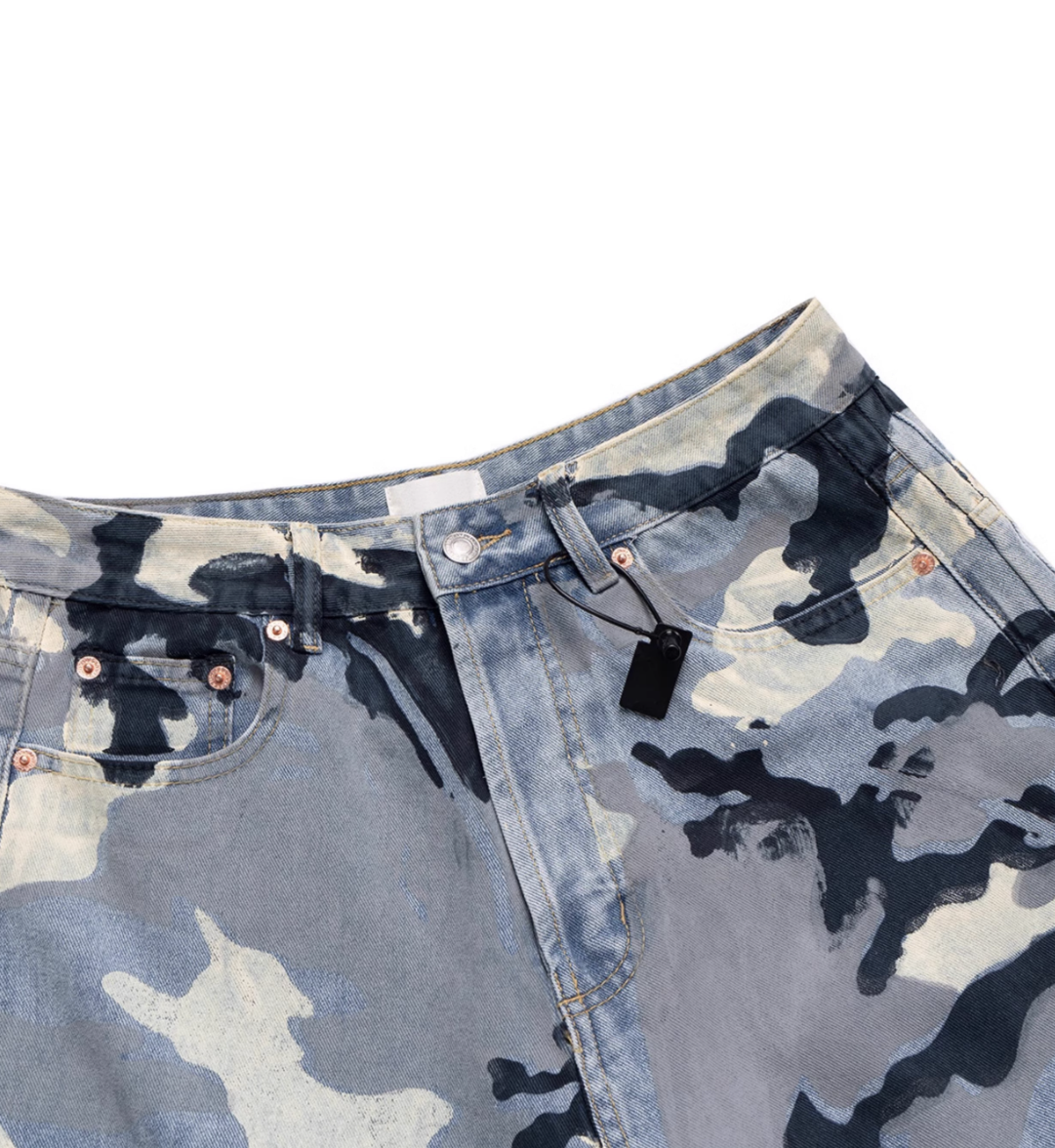 Wide Leg Distressed  Camo Denim