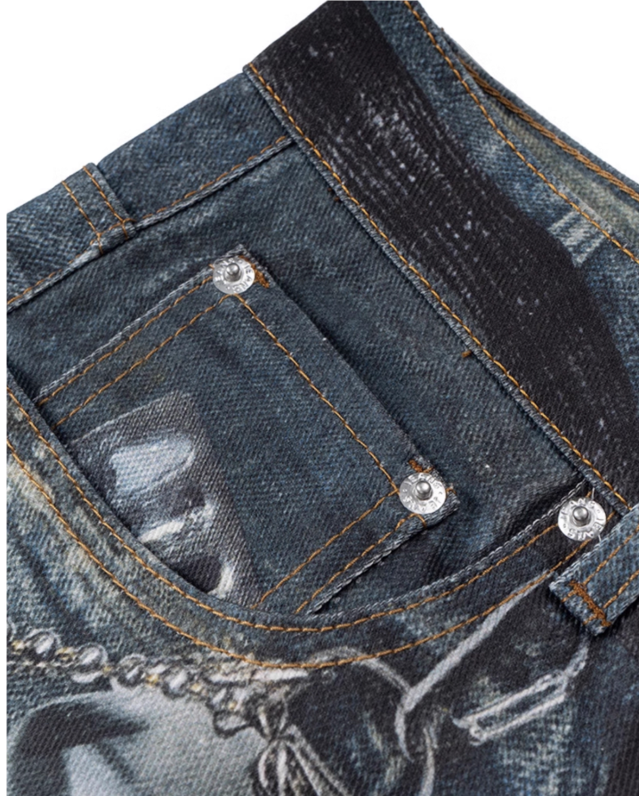 Wide Leg 3D Scissors Print Denim