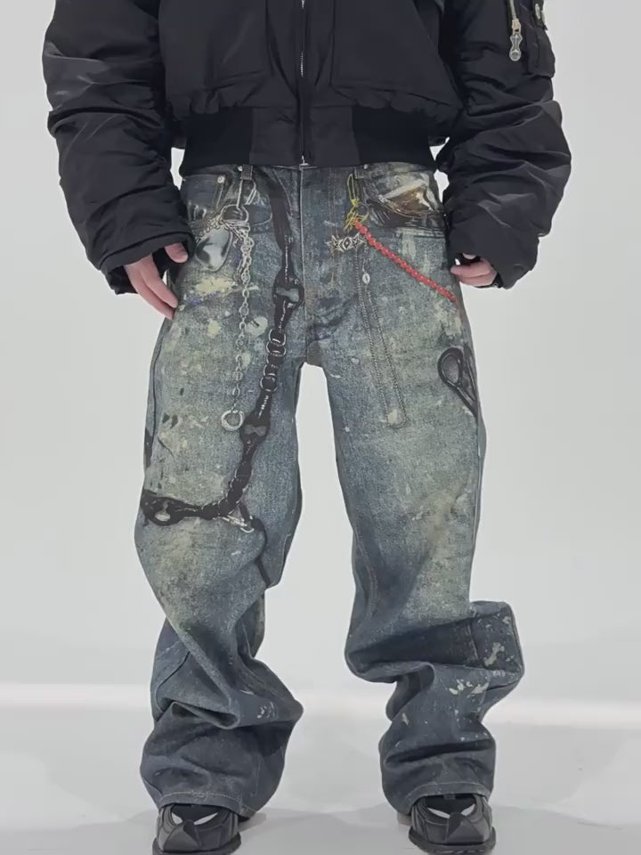 Wide Leg 3D Scissors Print Denim