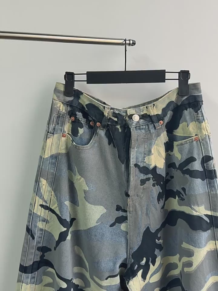 Wide Leg Distressed  Camo Denim